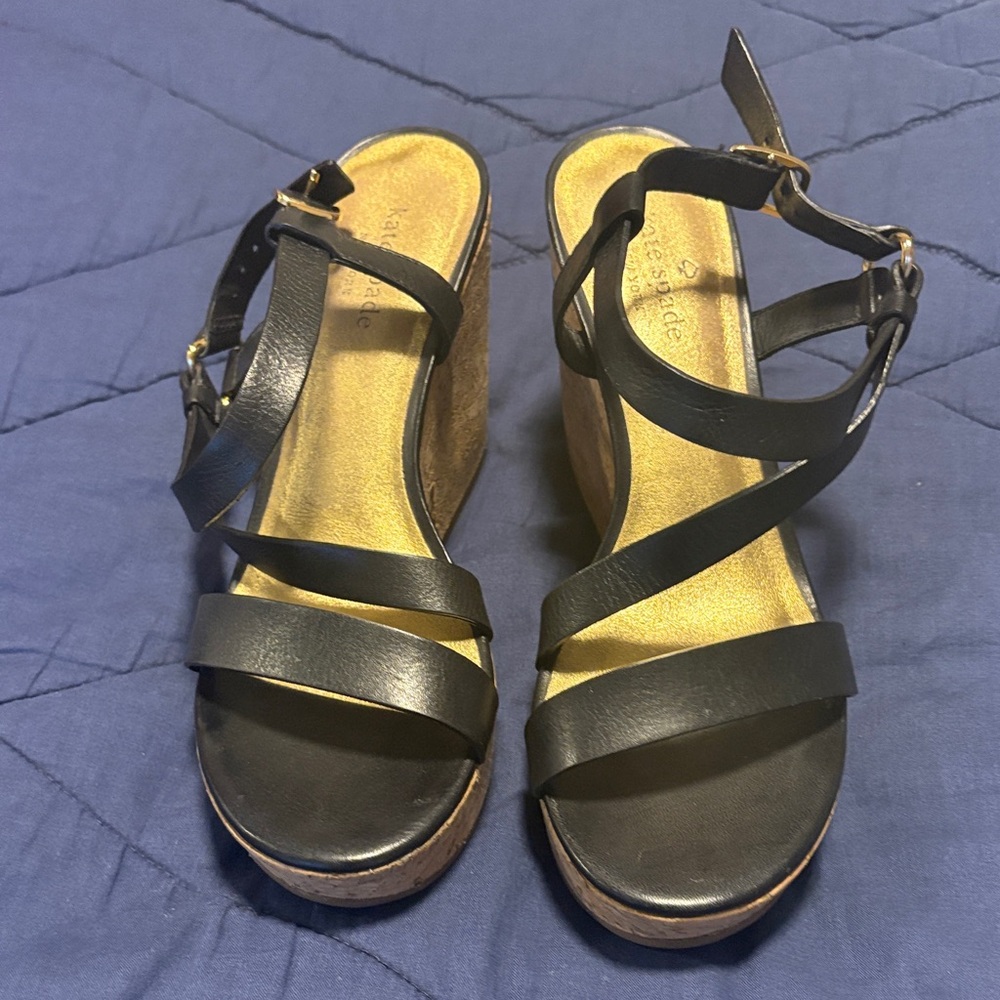 Kate Spade Black and Gold Wedge Sandals